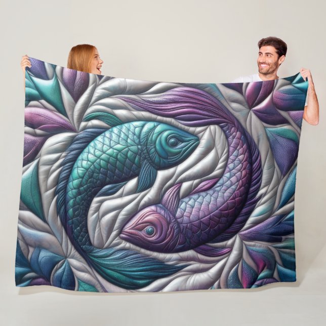 Quilted Pisces Fish Purple Blue Gray Fleece Blanket (In Situ)