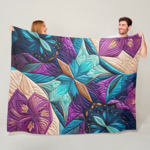 Quilted Purple Blue Pink Abstract Design Fleece Blanket