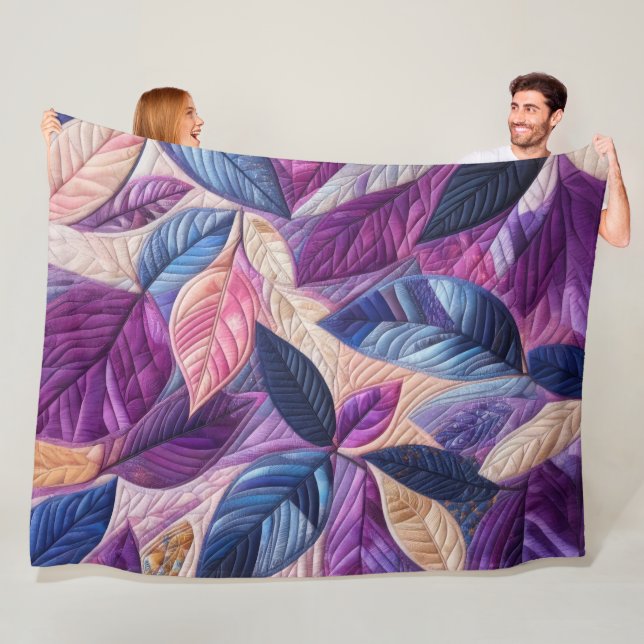 Quilted Purple Blue Pink Leaves Design Fleece Blanket (In Situ)