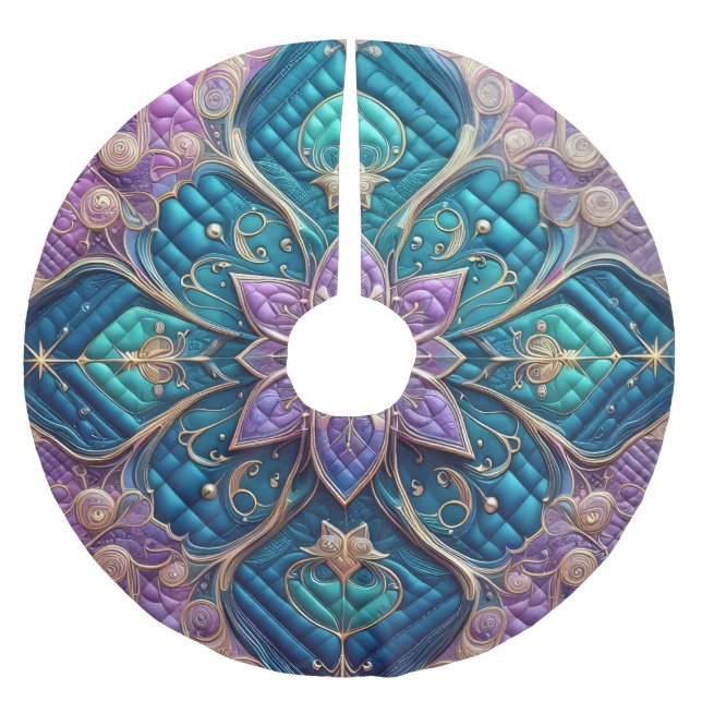 Quilted Purple Turquoise Blue Abstract Design Brushed Polyester Tree Skirt (Front)