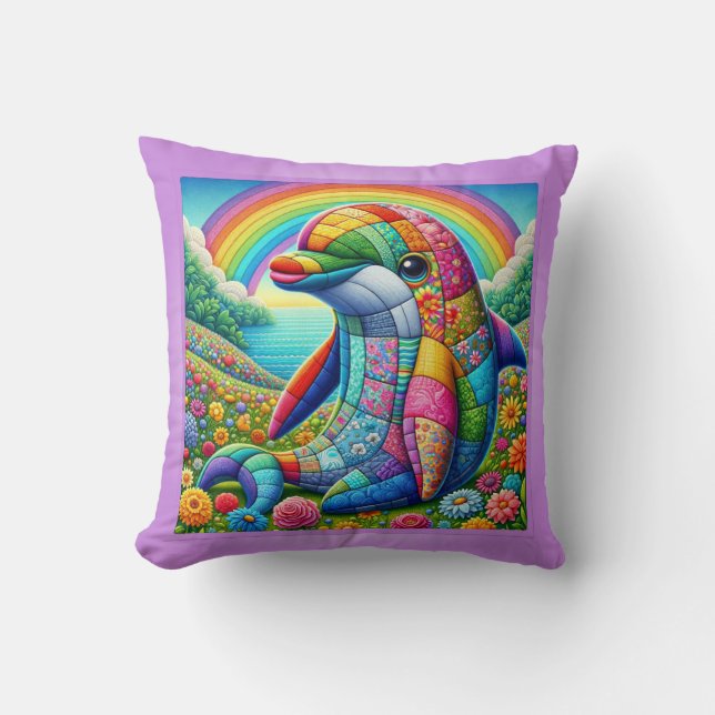Quilted Rainbow Dolphin Delight Throw Pillow (Front)