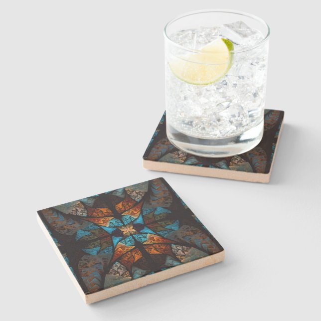 Quilted Star Abstract in Blues Stone Coaster (Side)