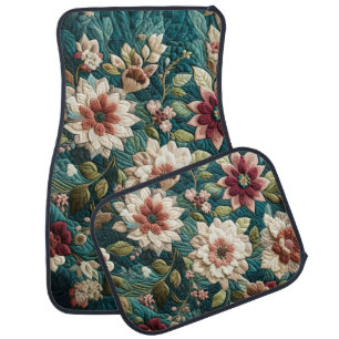 Quilted Teal Blue Floral Design Car Floor Mat