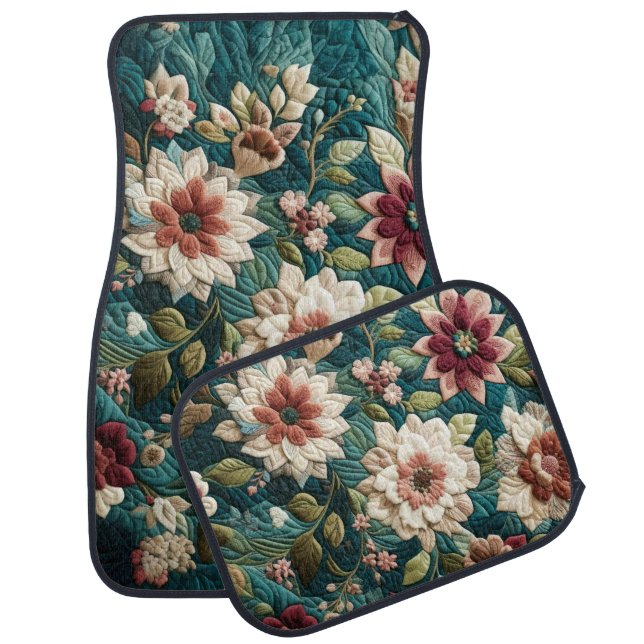 Quilted Teal Blue Floral Design Car Floor Mat (Set)