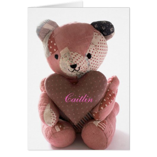 quilted teddy bear with calico heart Caitlin Cards (Front)