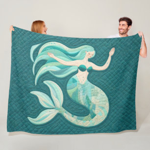 Quilted Whimsical Abstract Mermaid Teal Fleece Blanket