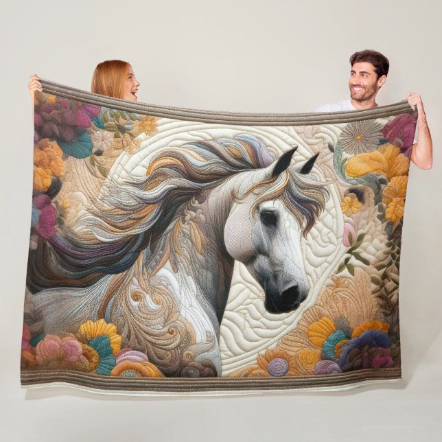 Quilted White Horse and Flowers Fleece Blanket (In Situ)