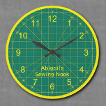 Quilter's Green Cutting Mat Round Clock<br><div class="desc">The quilt maker or seamstress in your life will love this personalized clock for the sewing room. It's a classic green cutting mat design printed with strong yellow easy to read face numerals. Round design comes in two sizes. See also the square clock and many other unique sewing themed clocks...</div>