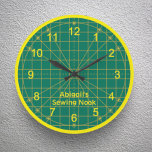 Quilter's Green Cutting Mat Round Clock<br><div class="desc">The quilt maker or seamstress in your life will love this personalized clock for the sewing room. It's a classic green cutting mat design printed with strong yellow easy to read face numerals. Round design comes in two sizes. See also the square clock and many other unique sewing themed clocks...</div>