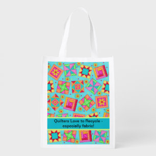 Quilters Love Recycle Fabric Turquoise Quilt Art Reusable Grocery Bag