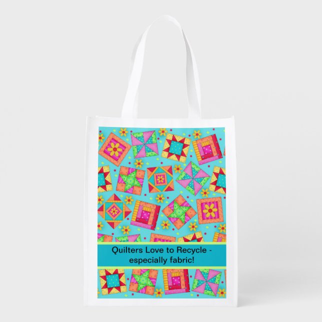 Quilters Love Recycle Fabric Turquoise Quilt Art Reusable Grocery Bag (Back)