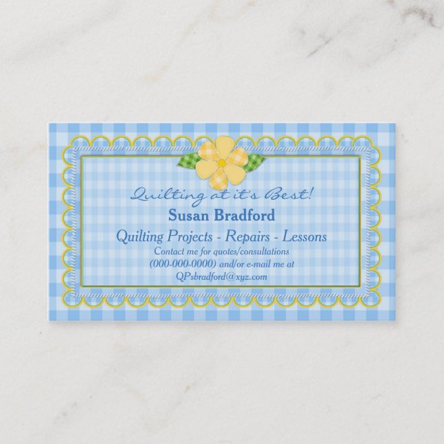 QUILTING BUSINESS CARDS - BLUE GINGHAM (Front)