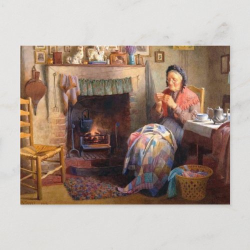 Quilting by the fireplace postcard