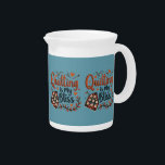 Quilting Is My Bliss Folk Art Vintage Aesthetic Beverage Pitcher<br><div class="desc">This charming folk art-inspired design beautifully celebrates the joy of quilting with warm, earthy tones and intricate details. Featuring the phrase "Quilting Is My Bliss" in a hand-stitched typography style, this piece evokes a cozy, vintage aesthetic perfect for lovers of handmade crafts. A classic quilt square with delicate floral patterns...</div>