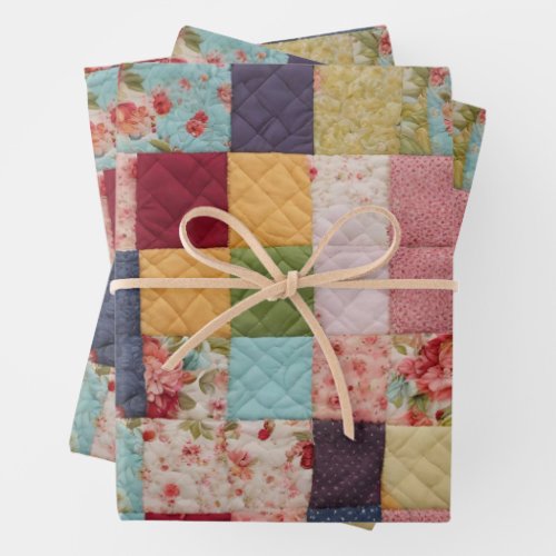 Quilting Patchwork Colorful Floral Squares  Wrapping Paper Sheets