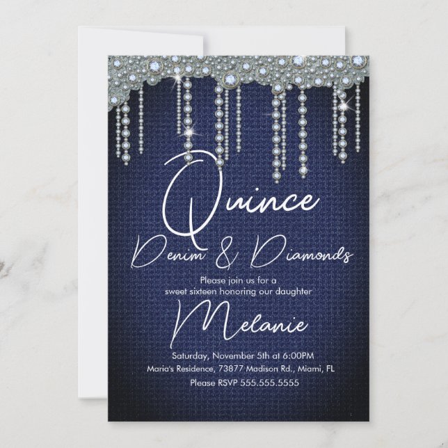 Quince Denim Diamonds Gem Pearls Chic Invitation (Front)