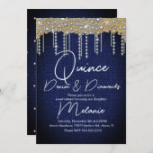 Quince Denim Diamonds Gem Pearls Gold Invitation (Front/Back)