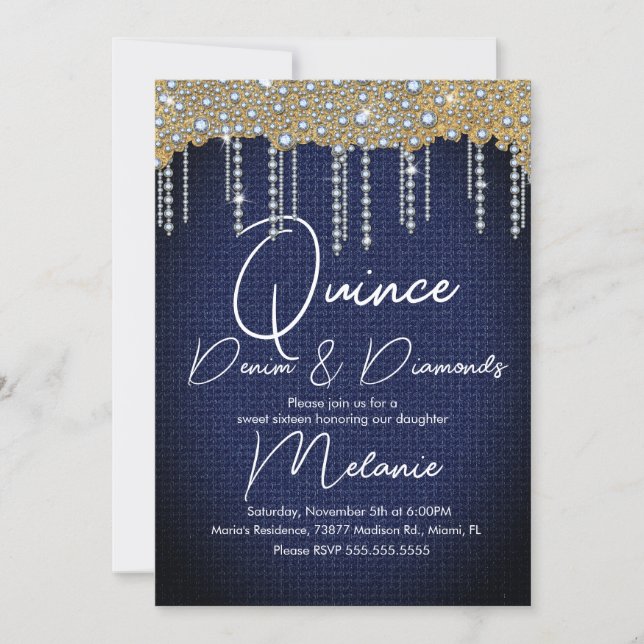 Quince Denim Diamonds Gem Pearls Gold Invitation (Front)