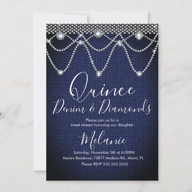 Quince Denim Diamonds Gem Pearls  Invitation (Front)