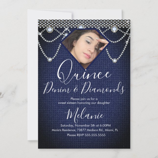 Quince Denim Diamonds Gem Pearls Photo  Invitation (Front)
