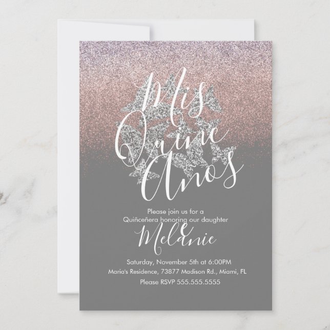 Quiñce Faux Glitter Butterflies Silver Birthday Invitation (Front)