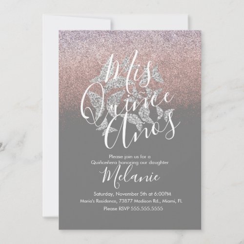 Quice Faux Glitter Butterflies Silver Birthday Invitation