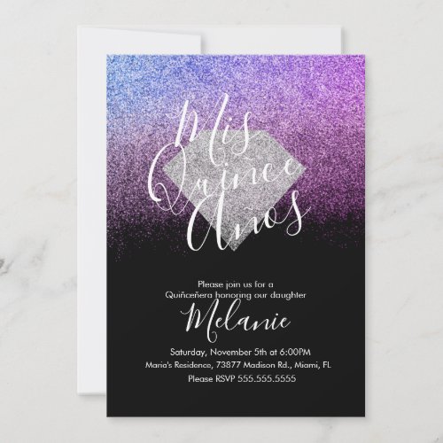 Quice Faux Glitter Diamond Black Purple Birthday  Invitation