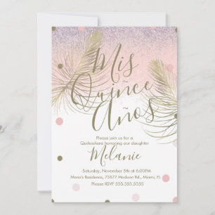 Quiñce Faux Glitter Dots Gold Feather Pink Invitation
