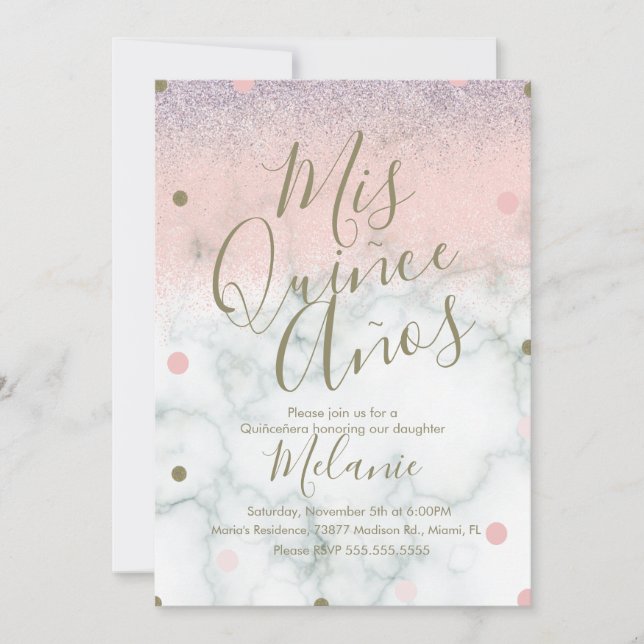 Quiñce Faux Glitter Dots Gold Pink Marble Invitation (Front)