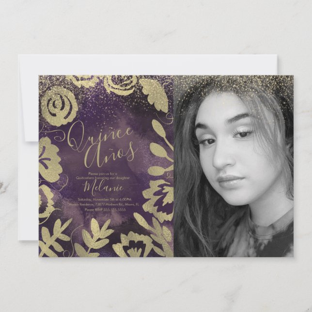 Quiñce Faux Glitter Purple Floral Gold Photo Invitation (Front)