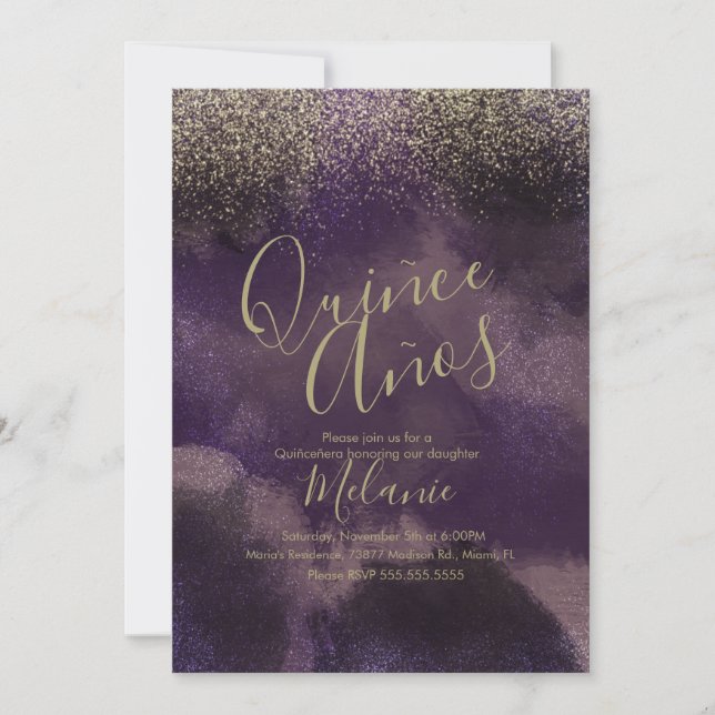 Quiñce Faux Glitter Purple Gold Abstract Birthday Invitation (Front)