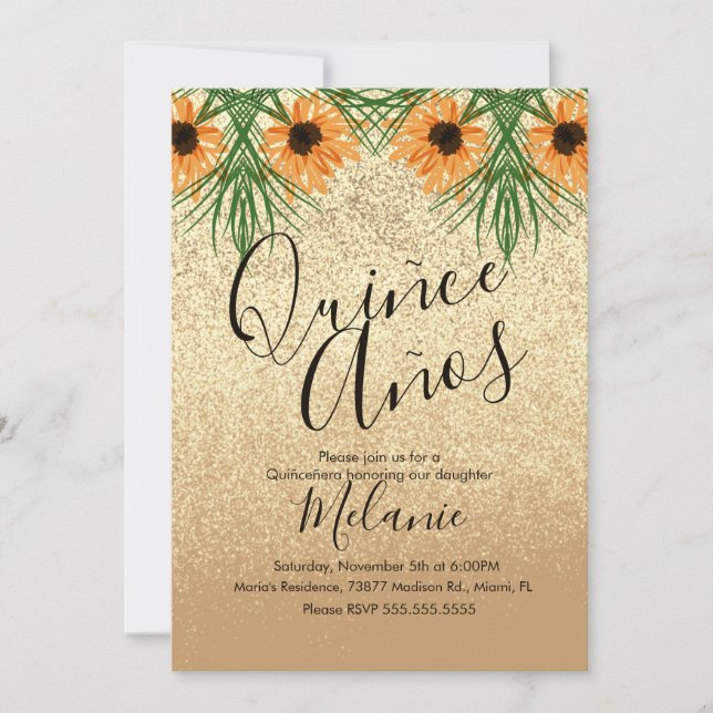 Quiñce Faux Glitter Sunflower Birthday Invitation (Front)