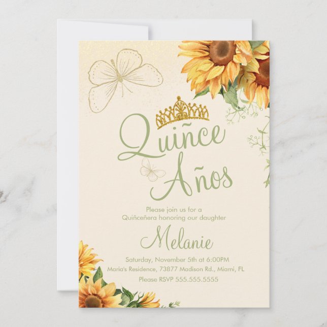 Quiñce Faux Glitter Watercolor Sunflower Birthday  Invitation (Front)
