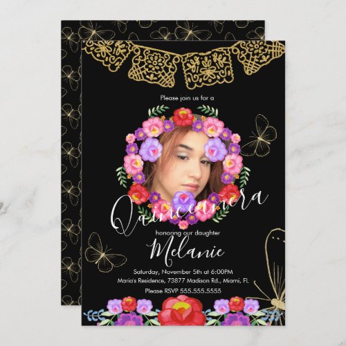 Quince Glitter Faux Floral Butterflies Mexican Invitation