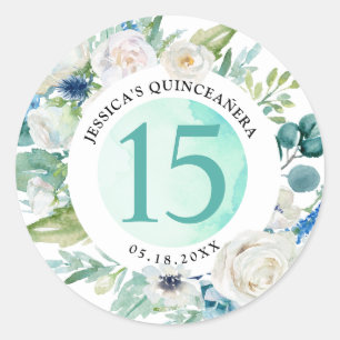 Quince,  Quinceañera, Aqua Envelope Seal/Favor Classic Round Sticker