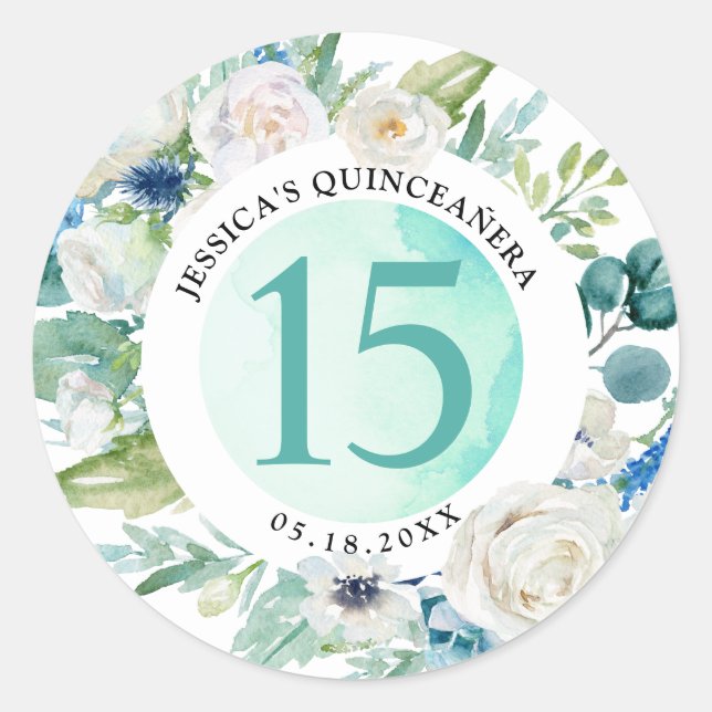 Quince,  Quinceañera, Aqua Envelope Seal/Favor Classic Round Sticker (Front)
