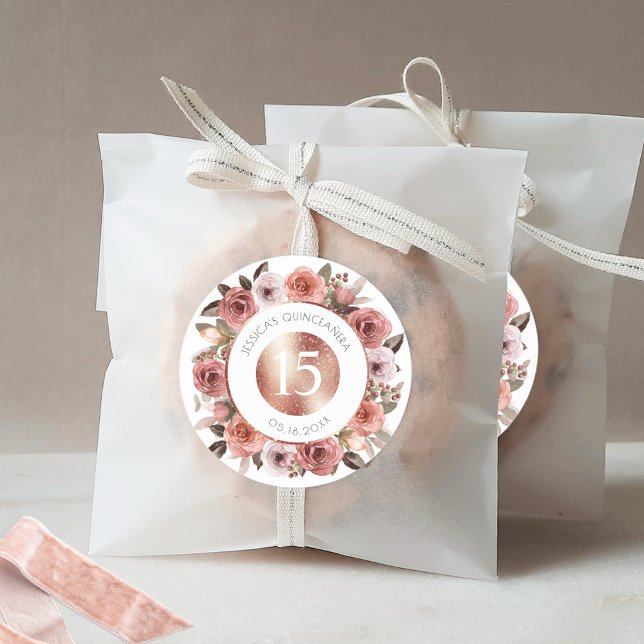 Quince,  Quinceañera, Floral Envelope Seal/Favor Classic Round Sticker (Creator Uploaded)