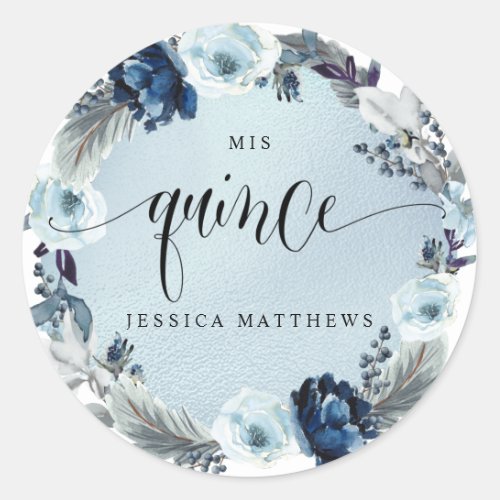 Quince Spanish Light Blue Floral Wreath Classic Round Sticker