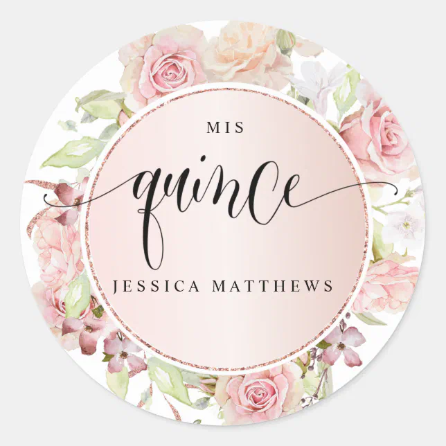 Quince, Spanish, Pink, Blush Rose Gold Floral Classic Round Sticker ...