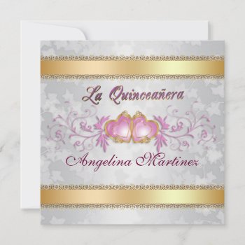 Quinceaner Invitation Satin-look With Pink Hearts by Irisangel at Zazzle