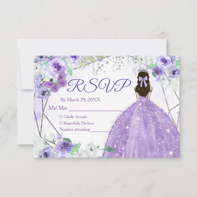 Quinceañera 15 Anos Silver & Purple RSVP Card (Front)