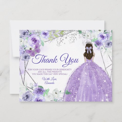 Quinceaera 15 Anos Silver  Purple Thank You Card