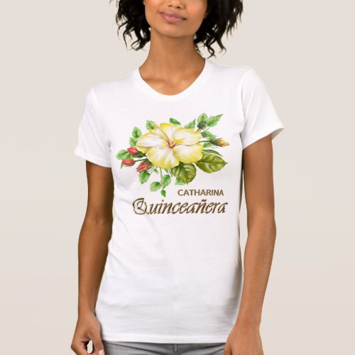 Quinceanera 15 Birthday Gold Faux Metallic Floral T_Shirt