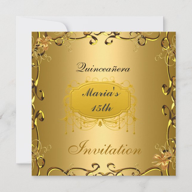 Quinceañera 15 Birthday Invitation Gold (Front)
