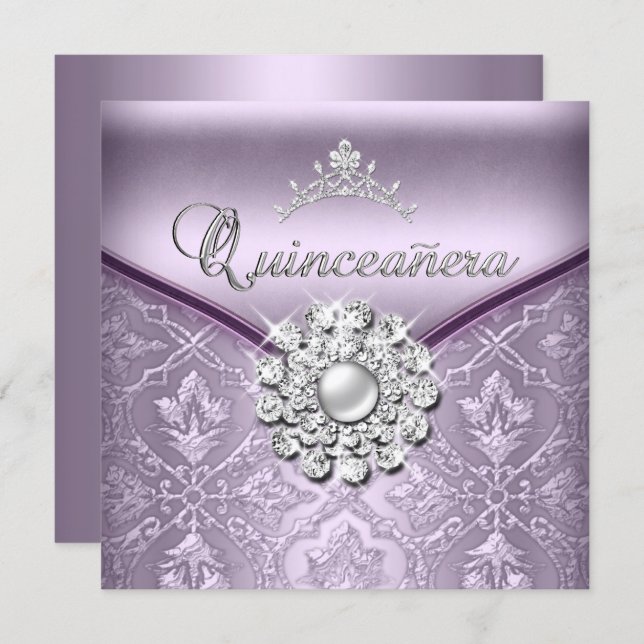 Quinceañera 15 Birthday Party Damask Lilac Invitation (Front/Back)