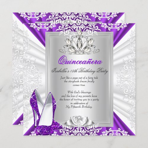 Quinceanera 15 Birthday Party Glitter Purple Heels Invitation