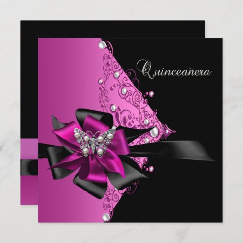 Quinceanera 15 Birthday Party Hot Pink Black Invitation