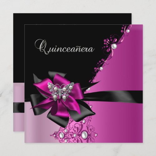Quinceanera 15 Birthday Party Hot Pink Black Invitation