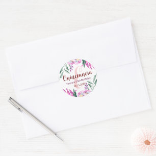 Quinceanera 15 birthday party mailing pink floral classic round sticker