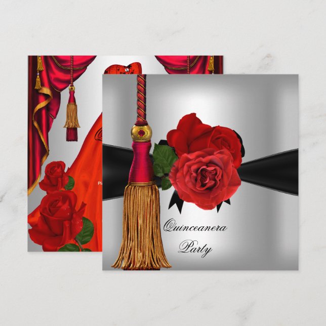 Quinceanera 15 Birthday Party Red Silver rose Invitation (Front/Back)
